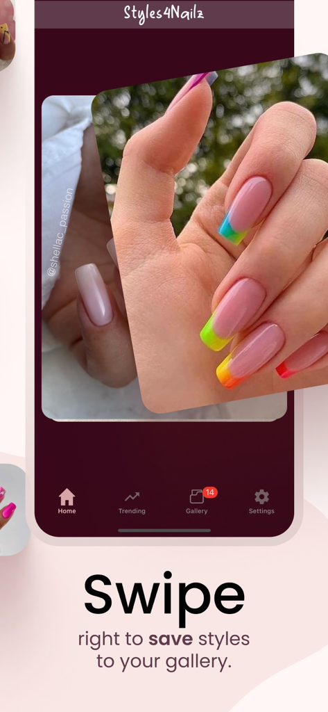 Styles4Nailz – Nail Designs - Mobile app interface of Styles4Nailz showing a rainbow nail design card with instructions to swipe right to save to gallery.