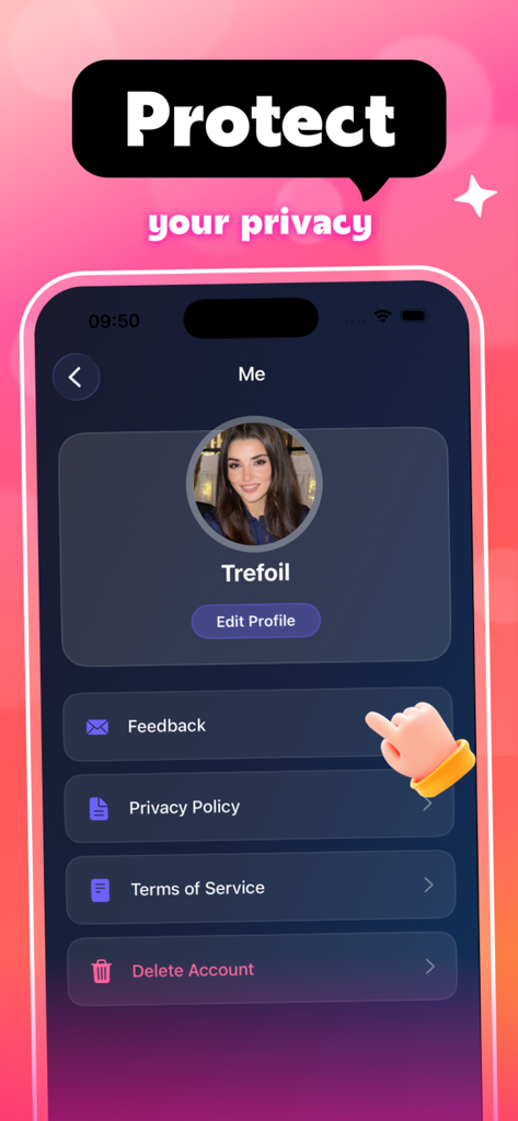 Elara - Chat - User profile and privacy settings screen in the Elara Chat app showing options for feedback and privacy policy.