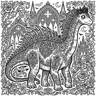 Unleash your creativity with this unique Amargasaurus coloring page, blending prehistoric wonder with sophisticated Gothic design. Adorned with delicate Victorian patterns and a majestic crown, this dinosaur awaits your artistic touch.