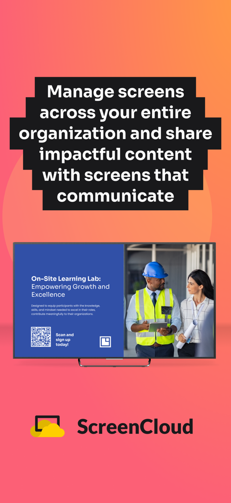ScreenCloud Player - Digital signage screen management display showing corporate learning content and QR code from the ScreenCloud app