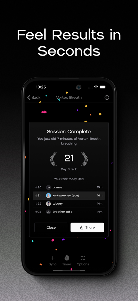 Pantalla de sesión completa de la aplicación Coherence que muestra una racha de 21 días y la clasificación del líder del usuario