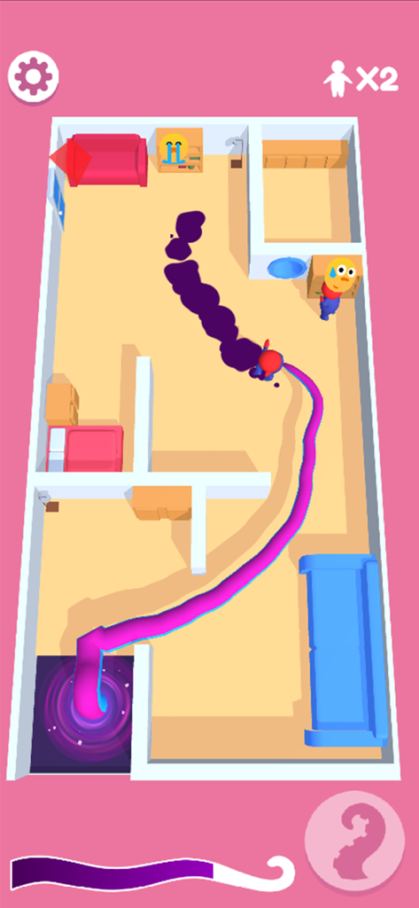 Top down view of a purple tentacle extending through a house to catch characters in Tentacle Monster 3D gameplay.