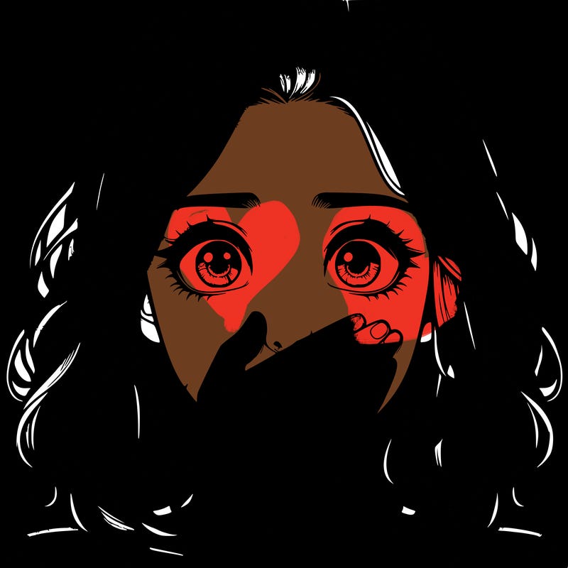 realistic girl covering her mouth with her hand wide eyed in shock and fear