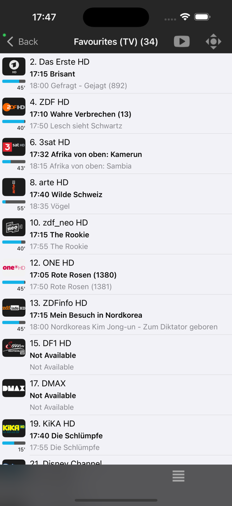 Official Kodi Remote app interface showing a list of favorite TV channels with current and upcoming program details.