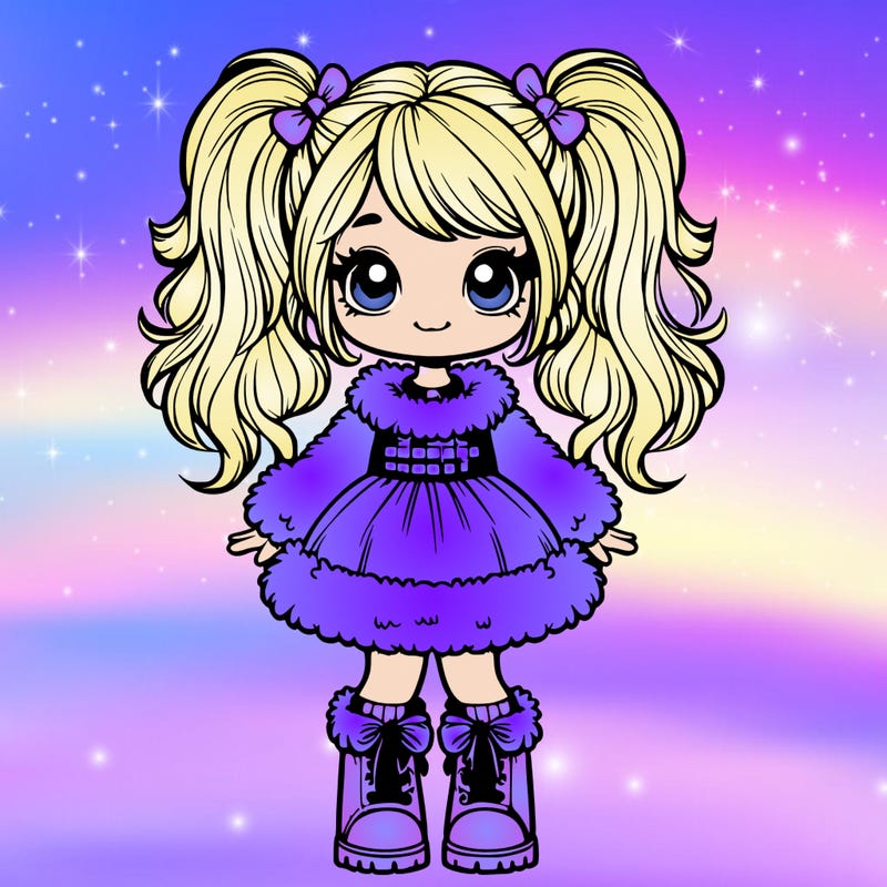 realistic girl wearing a fluffy dress with boots and her hair up in high pigtails