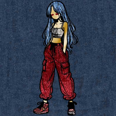 girl in baggy pants crop top and long hair