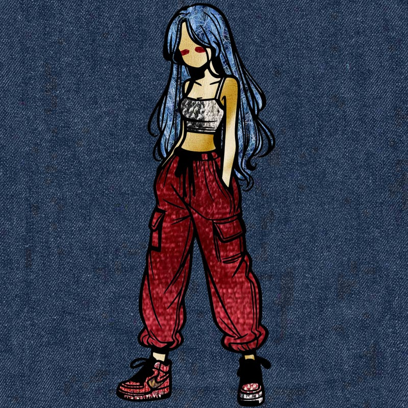 girl in baggy pants crop top and long hair