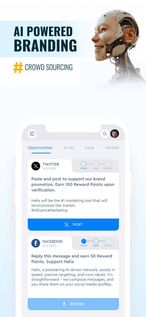 Helix Connect - Helix Connect app screen showing AI powered branding and social media reward tasks