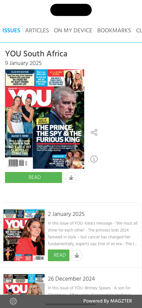 YOU South Africa - Interface of the YOU South Africa app displaying a list of magazine issues with digital covers featuring human interest and celebrity news.
