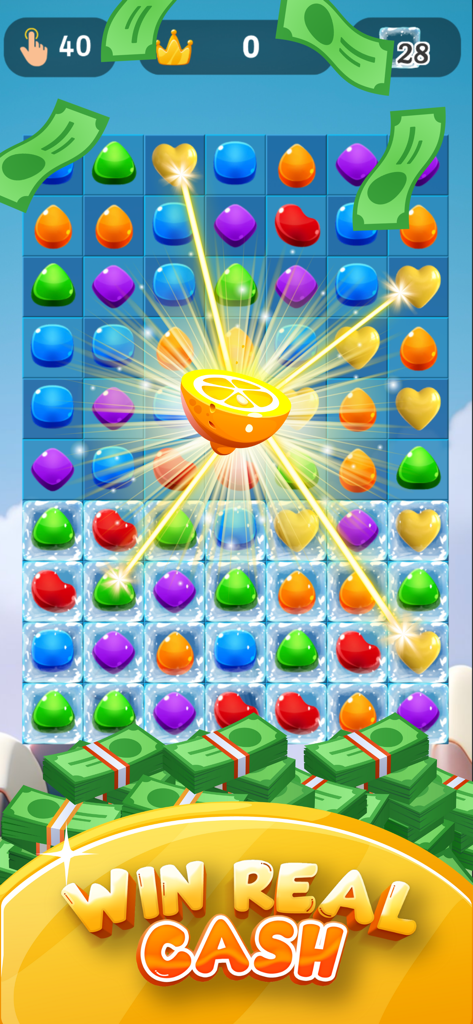 Sugar Cash Match3 Money Prizes - Captura de tela da jogabilidade Sugar Cash Match3 mostrando um tabuleiro de quebra-cabeça de doces com notas de dólar caindo e um banner dizendo Ganhe Dinheiro Real.