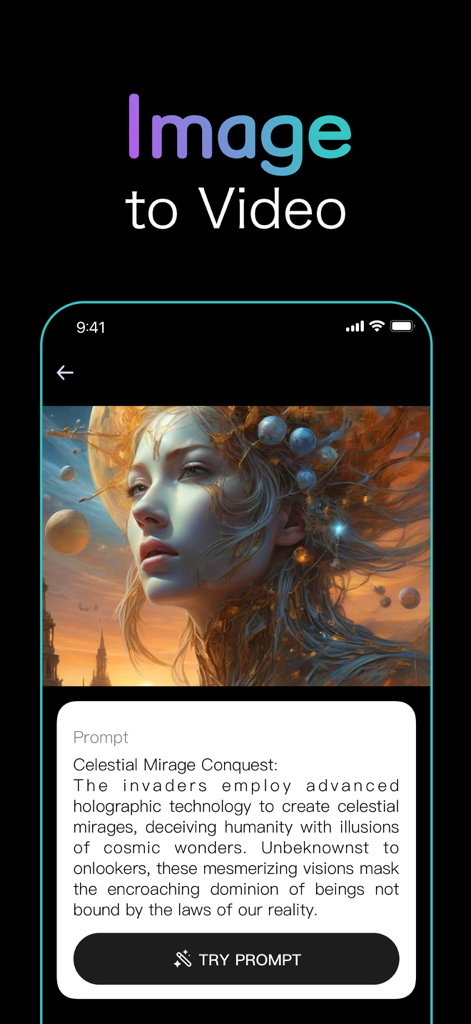 Veai 3 - AI Vdeo Generator - Interfaccia dell'app Veai 3 che mostra la funzionalità immagine-video con un prompt celestiale