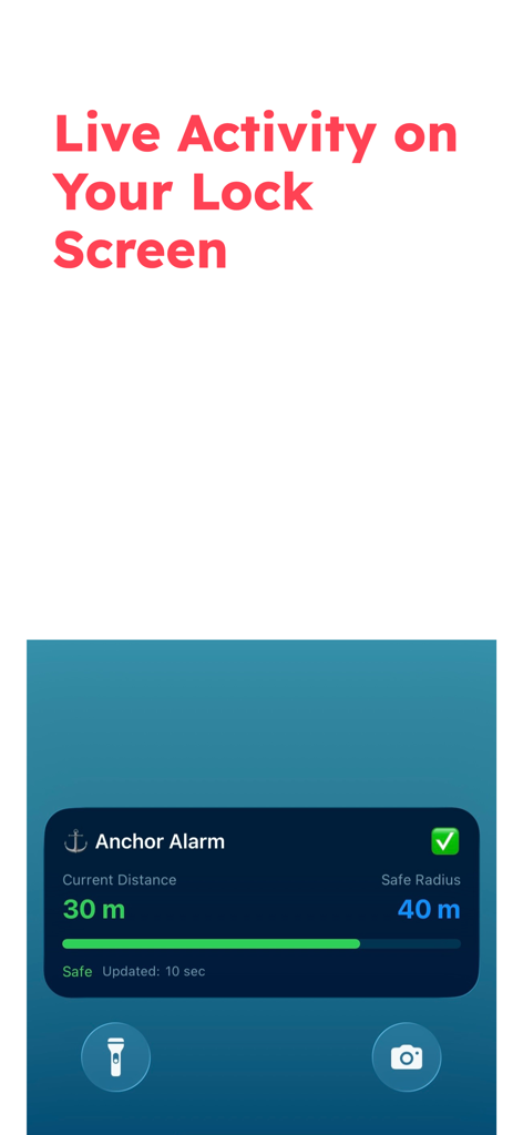 Safety Anchor Alarm - Safety Anchor Alarm Live Activity widget on an iPhone lock screen showing current distance and safe radius