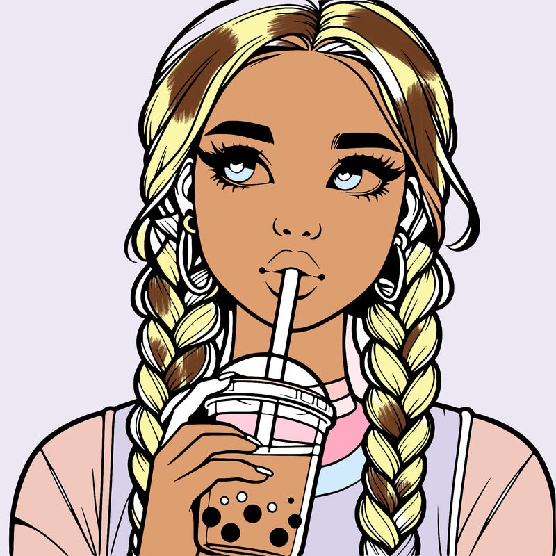 realistic girl with braided hair drinking boba