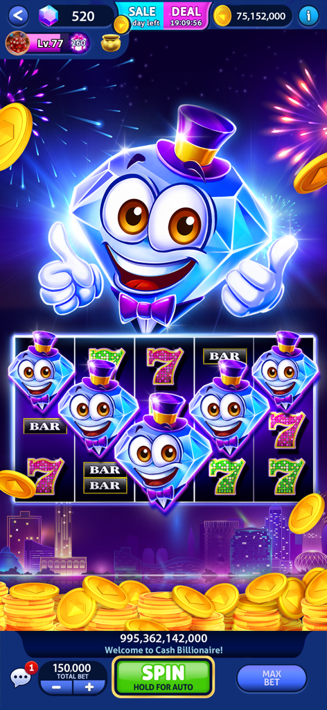 Cash Billionaire casino games - Un alegre personaje de diamante azul con esmoquin en una pantalla de máquina tragamonedas móvil con fuegos artificiales y monedas de oro.
