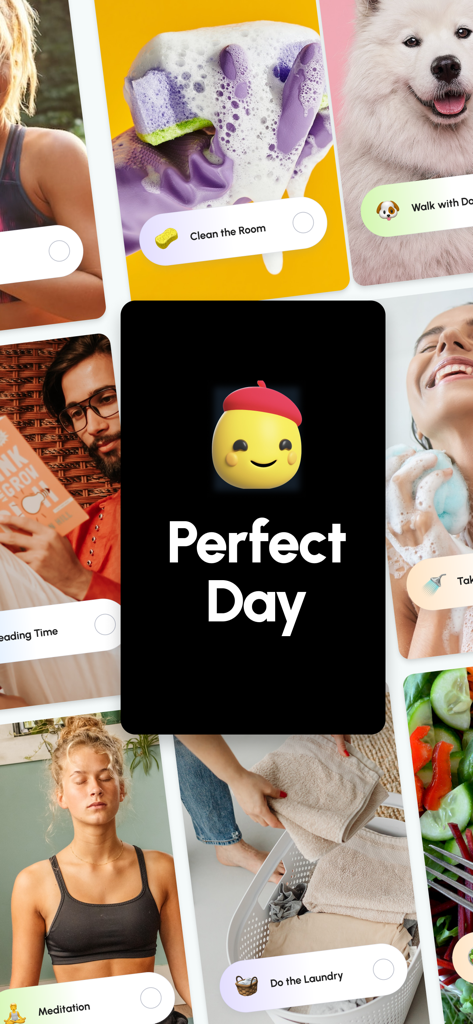 Uma colagem de hábitos diários e rotinas de autocuidado com o logotipo do aplicativo Perfect Day