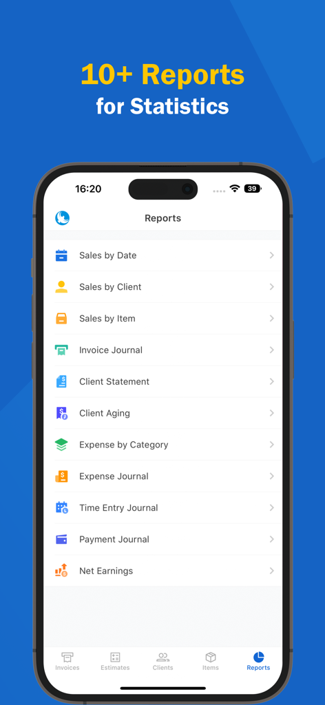 Invoice Maker · - Captura de pantalla de la aplicación BeeInvoice que muestra un menú de más de diez informes empresariales profesionales y estadísticas financieras