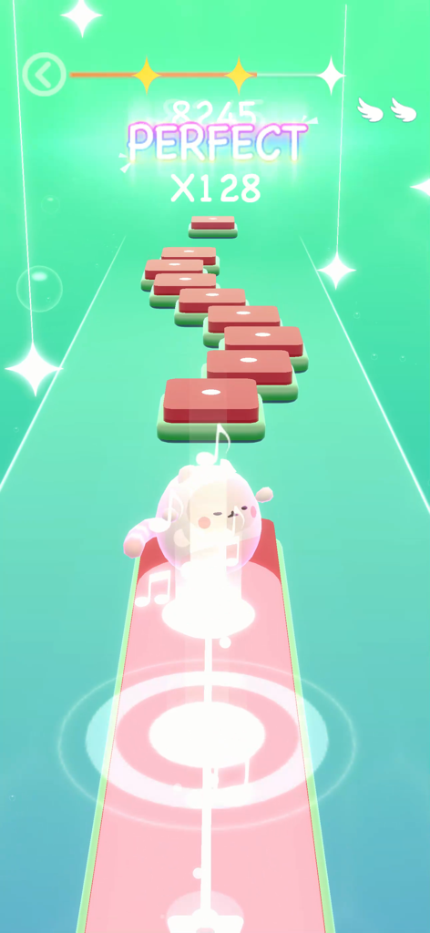 Magic Cats Rush: Music Games - Eine süße Katze springt im Rhythmusspiel Magic Cats Rush auf bunten Kacheln mit einer Anzeige für perfekte Punktzahl.