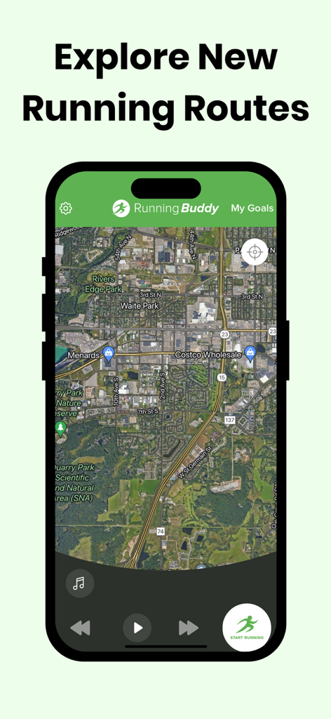 Running Workout Step Tracker - A mobile app interface showing a satellite map view for exploring new running routes