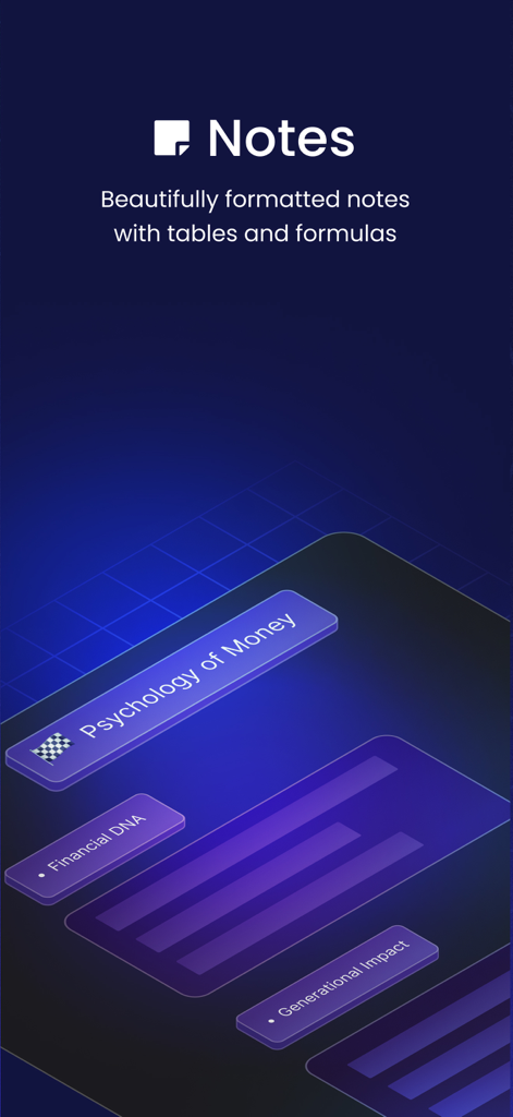 ThetaWave-AI Study Notes - Interfaz de aplicación móvil mostrando apuntes de estudio de IA formateados con temas estructurados como Psicología del Dinero.