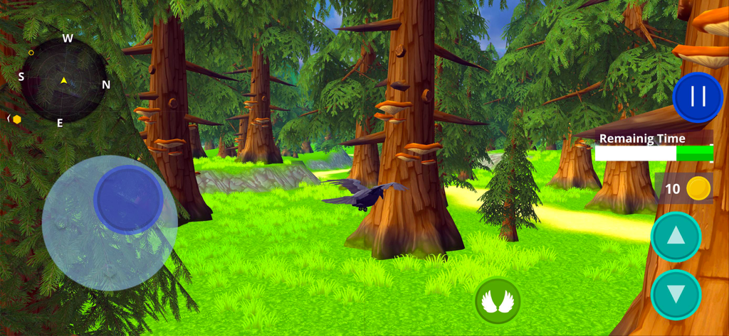 Raven Crow Bird Simulator 3D - A black raven flying through a green forest in a 3D bird simulator game