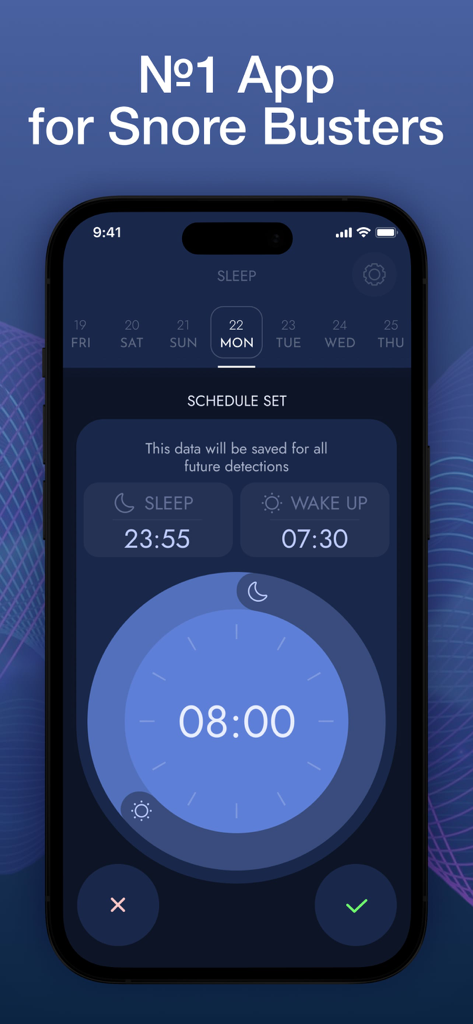 Snore Recorder - Sleep Monitor - Pantalla de la aplicación Snore Recorder que muestra el horario de sueño y la configuración de la alarma