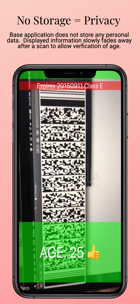 Aplicación de teléfono inteligente escaneando un código de barras de licencia de conducir que muestra la edad 25 con un pulgar hacia arriba verde y aviso de privacidad