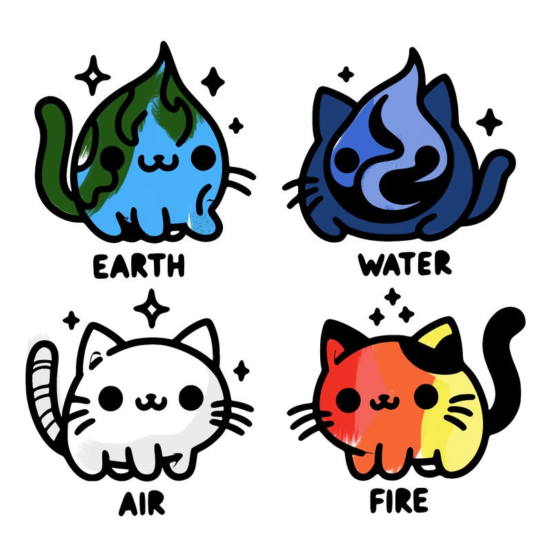 4 cats that represent the different elements, earth, water, air, and fire