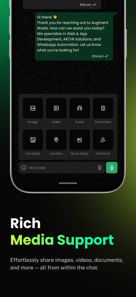 Wappbiz - チャット内での画像、ビデオ、ドキュメントなどのリッチメディア共有オプションを示すWappbizアプリインターフェース