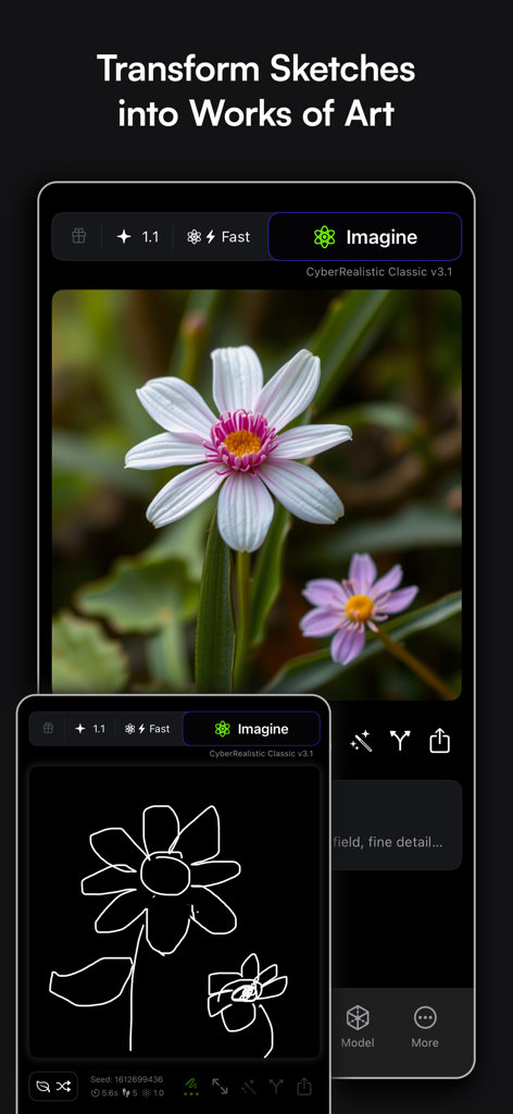 Sogni - AI Art Generator - The Sogni app interface demonstrating the transformation of a simple hand-drawn flower sketch into a realistic high-quality AI-generated floral photograph.