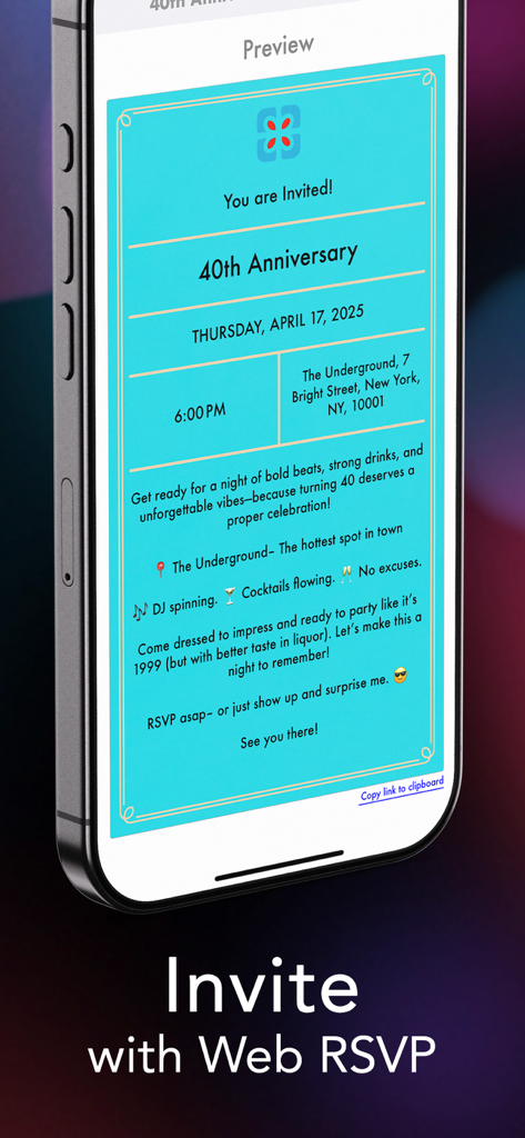 Pro Party Planner - Pro Party Planner app interface showing a digital invitation for a 40th anniversary with a web RSVP feature