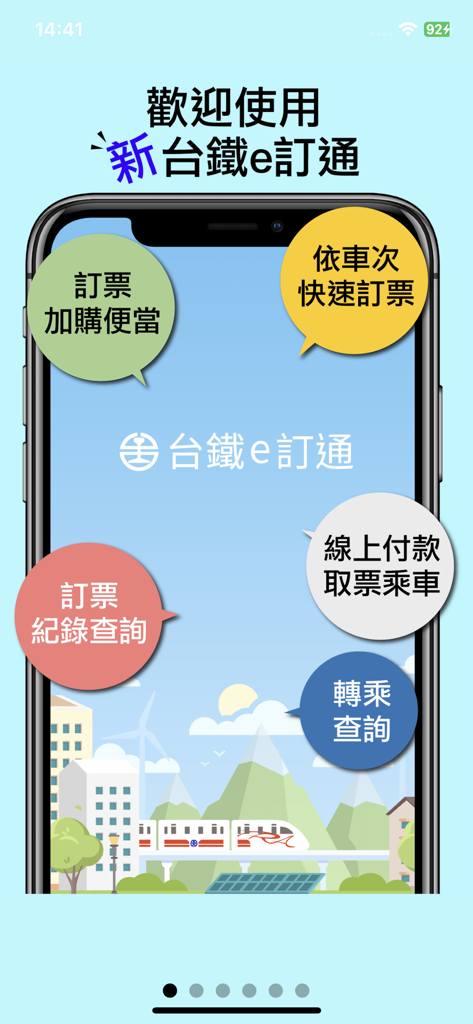 Introductory screen for Taiwan Railway e-booking app highlighting key features