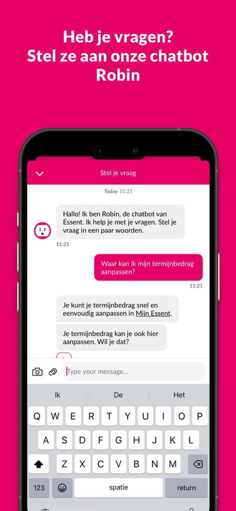 Essent - Essent app customer support chatbot Robin interface