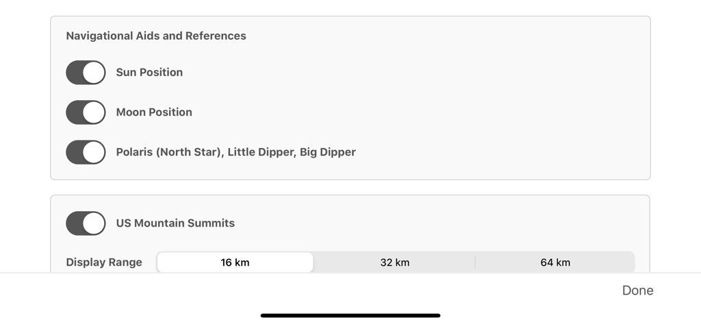 Theodolite - Theodolite app settings for celestial navigation aids and US mountain summits display range