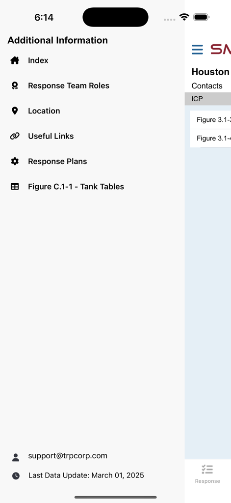 SMARTPLAN app additional information menu showing options for response team roles and response plans