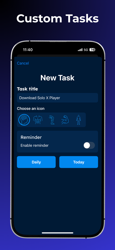 Solo X Player Leveling Workout - Interface para criar uma nova tarefa personalizada com ícones e lembretes no aplicativo Solo X Player
