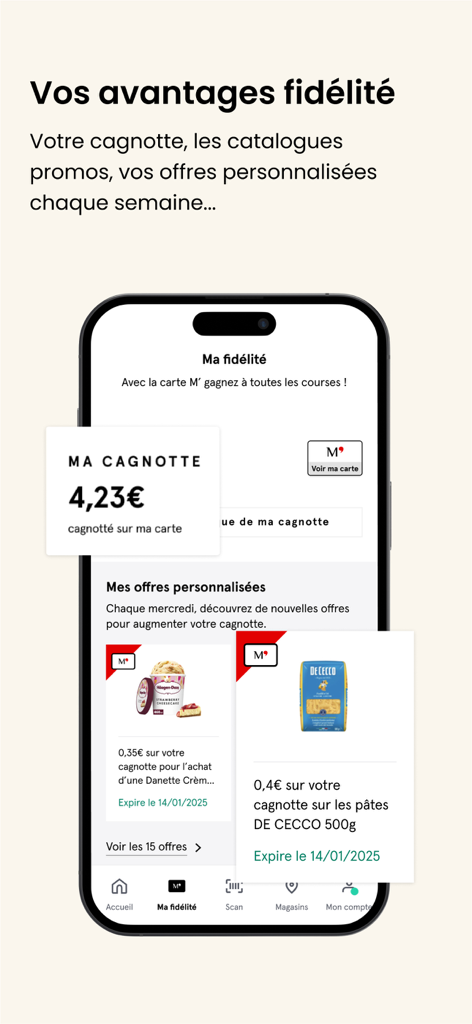 M' Monoprix - Schermata dell'app M Monoprix che mostra il saldo fedeltà e le offerte personalizzate