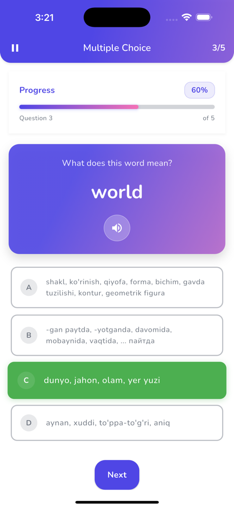 Multiple choice quiz interface in the English Uzbek Dictionary BRIDG app showing a vocabulary test for the word world.