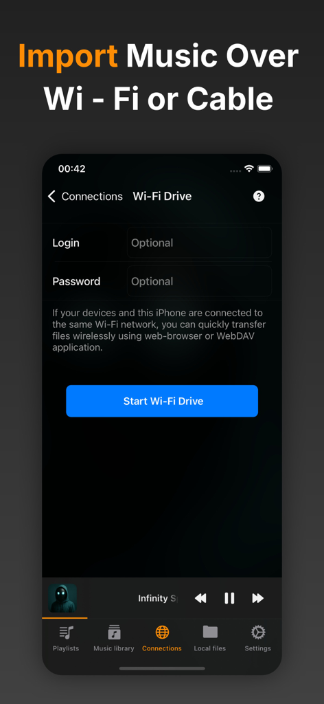 Flacbox: Hi-Res Music Player - Interfaz para importar música a través de Wi-Fi o cable en el reproductor Flacbox
