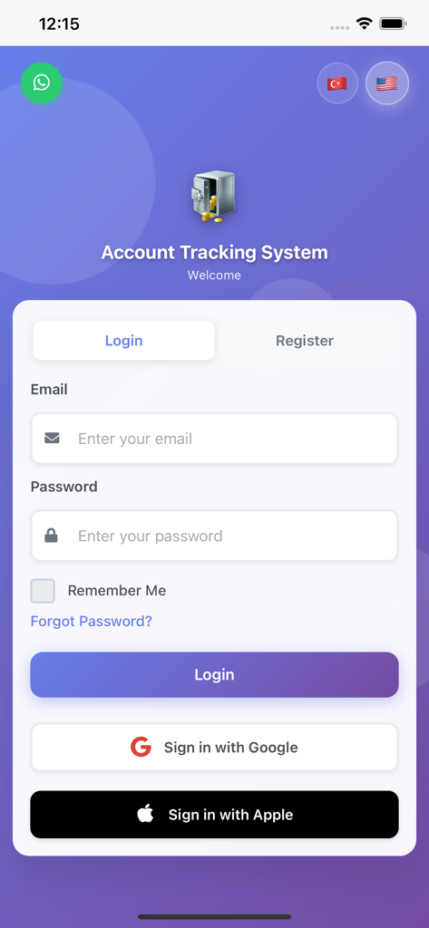 Login screen of the Account Tracking System financial management app