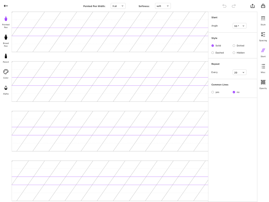 Calligrapher: Writing Master - Interface of the Calligrapher app for iPad showing customizable worksheet settings for calligraphy practice including slant angle and pen width.