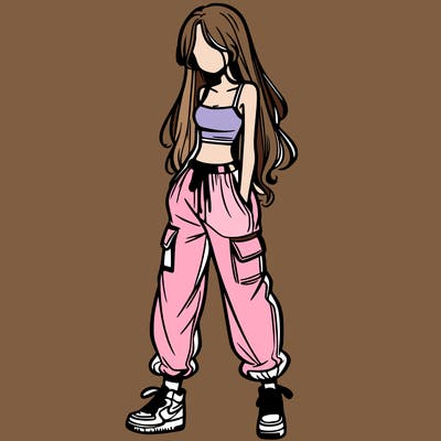 girl in baggy pants crop top and long hair