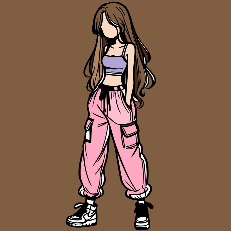 girl in baggy pants crop top and long hair