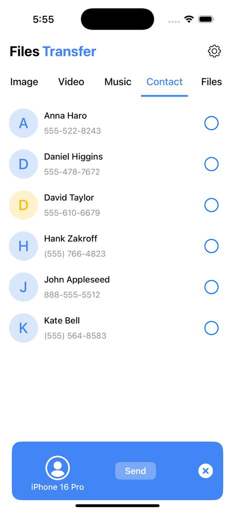 ShareMe: Fast File Share - Captura de pantalla de la aplicación ShareMe mostrando una lista de contactos listos para transferencia de archivos inalámbrica