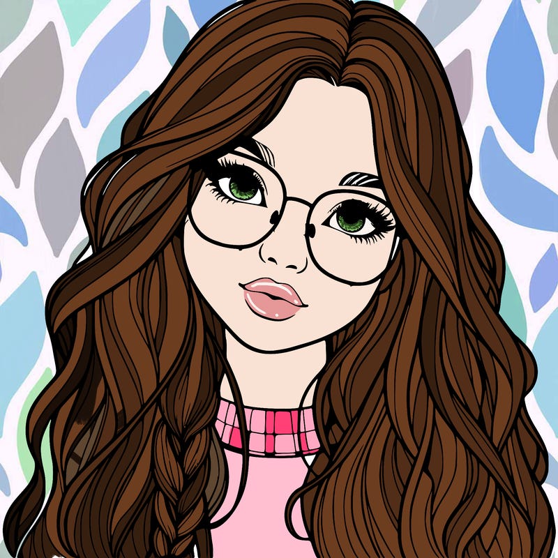 girl with long hair and freckles and glasses realistic