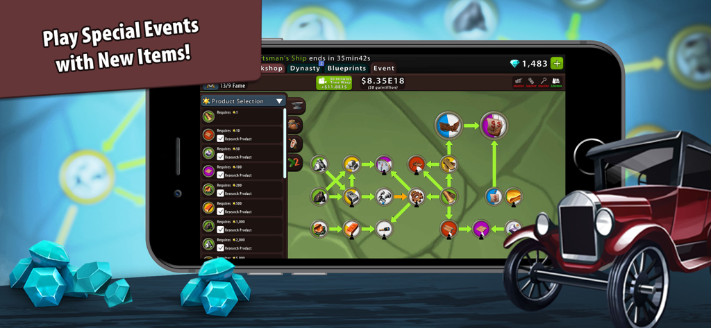 Crafting Idle Clicker - Crafting Idle Clicker game interface showing a production tree and special event items like a vintage car.