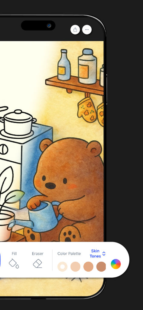 Digital coloring interface from the Bloom app featuring a cute watercolor-style bear illustration and professional color palette tools.