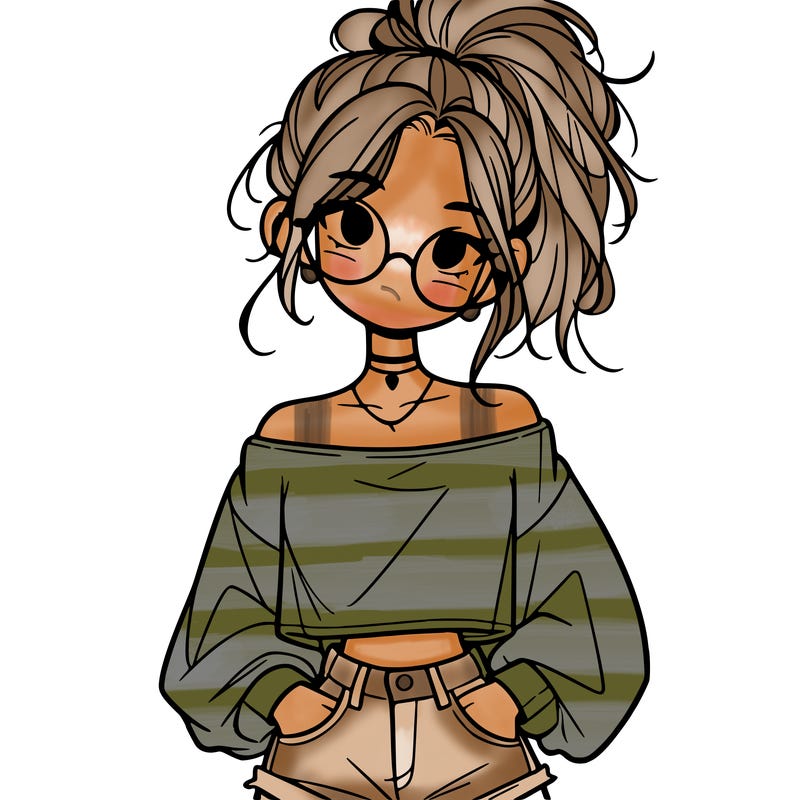 girl with a messy ponytail glasses a baggy crop top and jean shorts