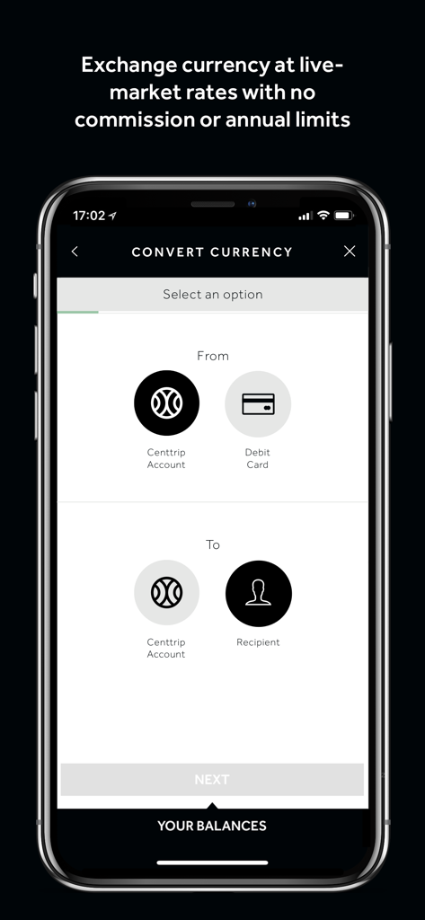 Centtrip - Centtrip app interface for converting currency at live market rates between accounts and recipients