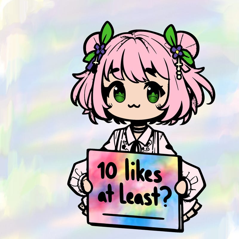 a cute anime girl holding a sign that says,” 10 likes at least?