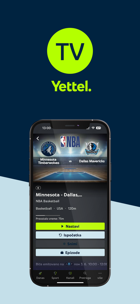 Yettel TV - Yettel TV mobile app screen showing an NBA basketball game with playback and recording options
